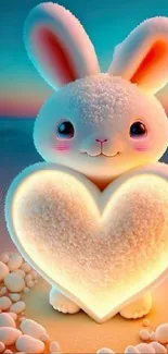 Adorable bunny holds glowing heart on a tranquil beach background.