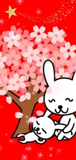 Cute bunny and cherry blossoms on red background wallpaper.