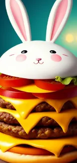 Cute bunny topped burger with cheese and patties on vibrant wallpaper.