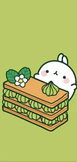 Cute bunny with green cake on a mint background.