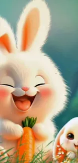 Adorable cartoon bunnies with carrots in a forest.