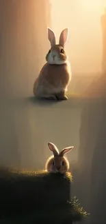 Fluffy bunnies on cliffs at sunset, creating a serene and whimsical mobile wallpaper.