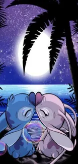 Cute cartoon bunnies kissing under a moonlit tropical sky.