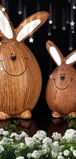 Wooden bunnies with flowers on black background.