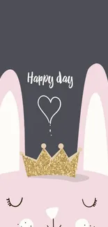 Cute bunny wallpaper with golden crown and 'Happy Day' message.