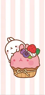 Cute bunny with dessert in pastel pink wallpaper.