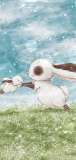 Cute bunny family on a grassy hill with blue painted sky.