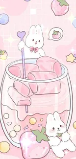 Cute bunnies with a pastel drink in pink tones mobile wallpaper.