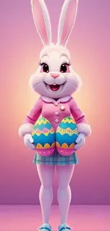 Cute Easter bunny holding vibrant eggs.