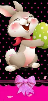 Cheerful bunny with egg on pink polka dot background.