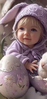 Cute child in bunny suit with rabbit and Easter eggs in lavender tones.