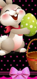 Cute bunny holding Easter egg on polka dot background.