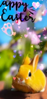 Adorable yellow bunny with colorful hearts and 'Happy Easter' text on a vibrant background.