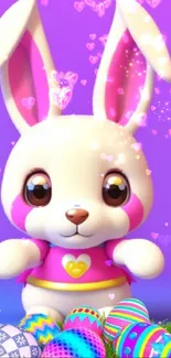 Cute cartoon bunny with Easter eggs background.