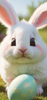 Adorable white bunny with Easter eggs on green grass.