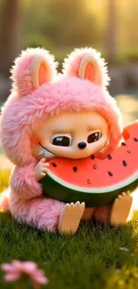 Cartoon bunny in pink costume enjoying watermelon outdoors.