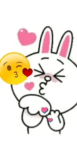 Cute cartoon bunny emoji with pink hearts on white background.