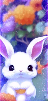 Cute white bunny in a magical, colorful garden.