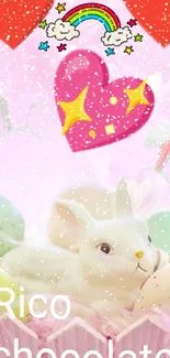 Adorable bunny wallpaper with hearts, rainbow, and pastel colors.