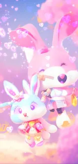 Cute bunny fantasy wallpaper with pink and purple hues.