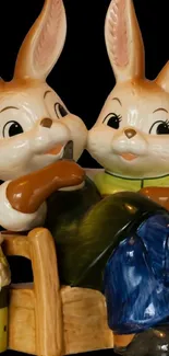 Charming ceramic bunny figurines on black background.