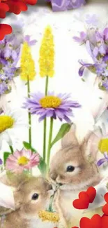 Cute bunnies with vibrant floral arrangement and red hearts mobile wallpaper.