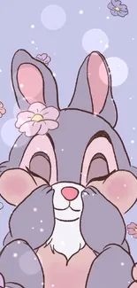 Cute bunny with flowers in lavender background.