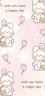 Cute bunny and flowers mobile wallpaper with happy message.