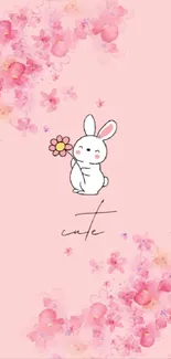 Cute bunny with flowers on pastel pink background wallpaper.