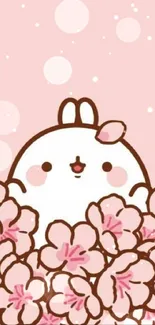 Cute bunny among pink cherry blossoms on light pink background.