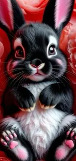 Cute black and white bunny among pink roses.