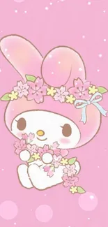 Cute bunny with floral headband on pink background.