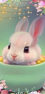 Cute bunny in a green cup with floral border.