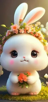 Cute white bunny with a floral crown on its head, holding a bouquet.