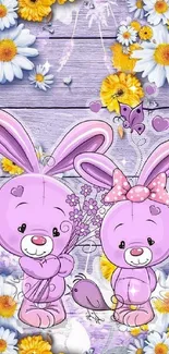 Purple bunnies with flowers on wooden background mobile wallpaper.