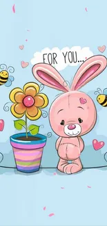 Cute pink bunny with flower pot and bees on a light blue background.