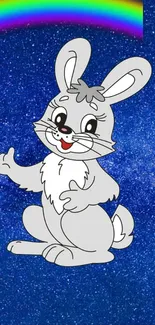 Cute cartoon bunny on a galaxy background with a rainbow.