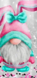 Cute gnome with pink and teal bunny ears on silver background.