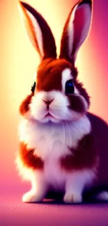 Adorable brown and white bunny on a purple gradient background.