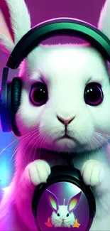 Adorable white bunny wearing headphones in a vibrant purple setting.