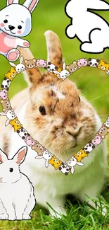 A cute bunny with a heart-shaped cartoon frame on green grass.