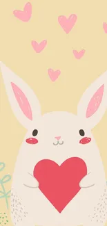 Cute bunny with a heart in pastel colors and pink hearts floating in the background.