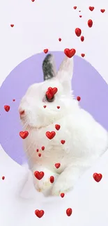 Cute white bunny with red hearts on a soft purple background.