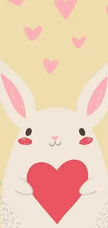 Cute bunny with a red heart surrounded by pink hearts on beige background.