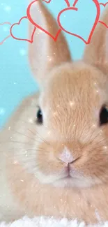 Cute bunny with red hearts on a blue background.