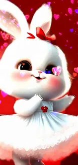 Cute white bunny with hearts and red bow background.