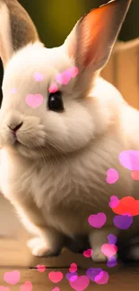 A cute white bunny with colorful hearts around its face.