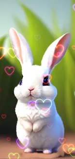 Fluffy bunny with blue eyes holding a red knitted heart.