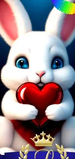 Cute bunny holding a red heart with blue background.