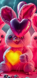Plush pink bunnies with heart balloons.